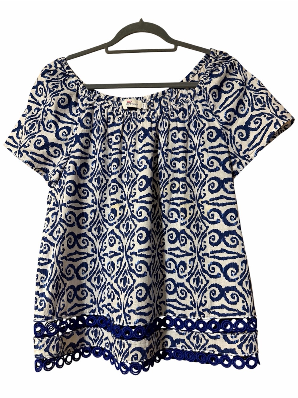 Vineyard Vines Blue & White Ikat Print Off-the-Shoulder Top Size M
